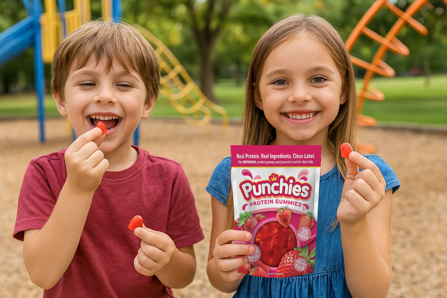 kids eating kids protein gummies in the park