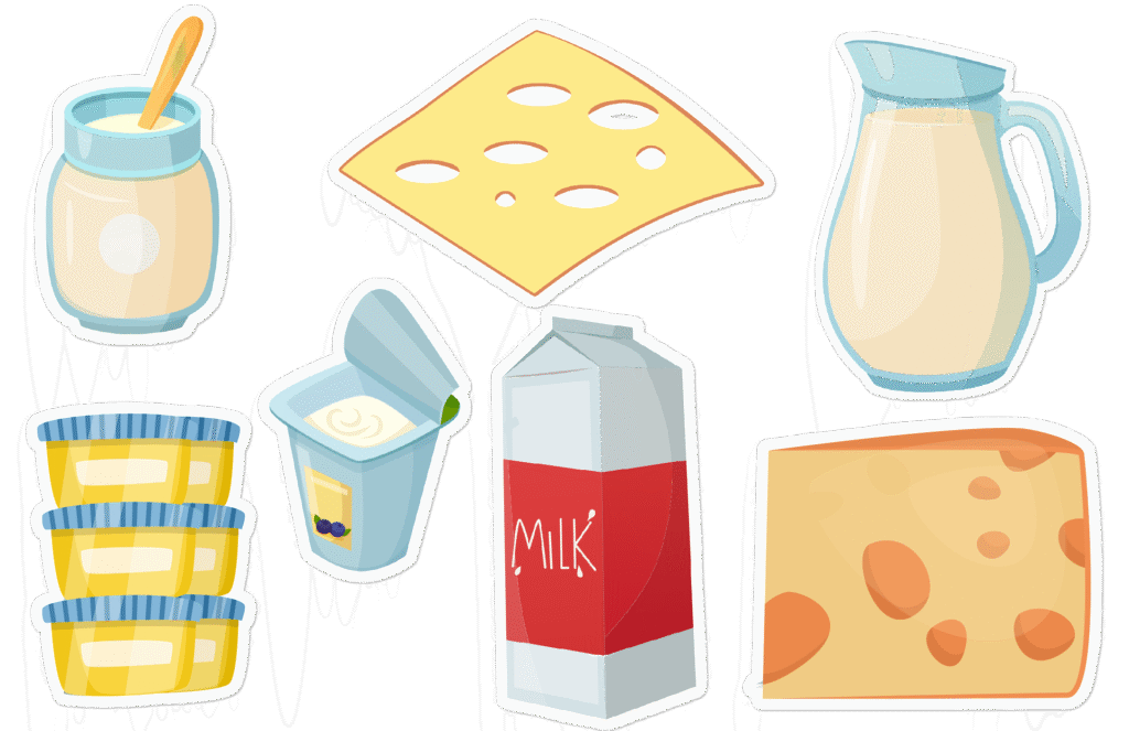 High Protein Snacks for Kids 1 illustrations of various dairy products and high-protein snacks for kids, including milk, cheese, yogurt, and butter.