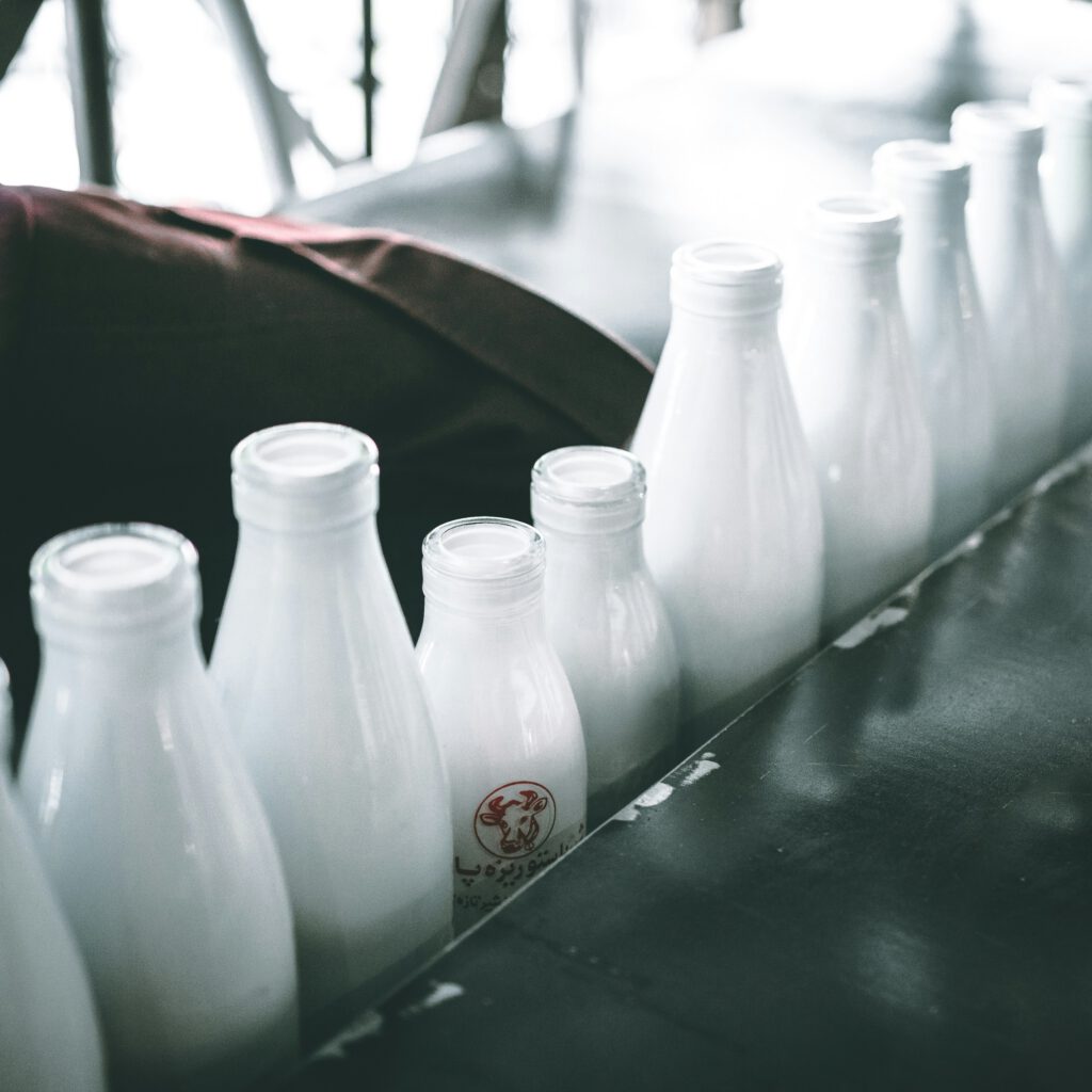 Complete Protein Whey Protein. Row of glass milk bottles filled with fresh milk on a production line
