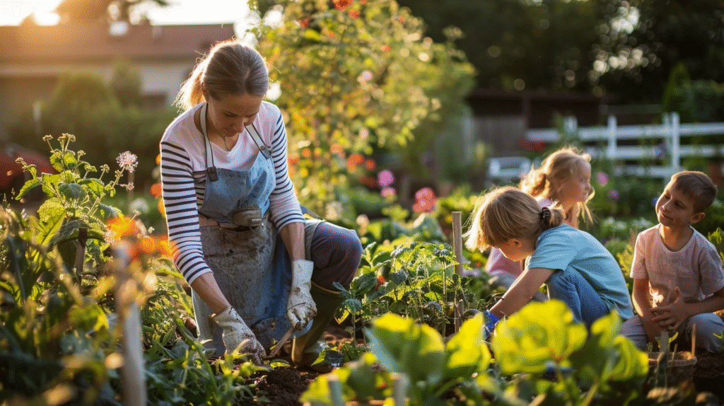 Kids Protein Gummies - Resources for Parents 1 A mother and three young children gardening together in a vibrant backyard vegetable and flower garden during sunset.