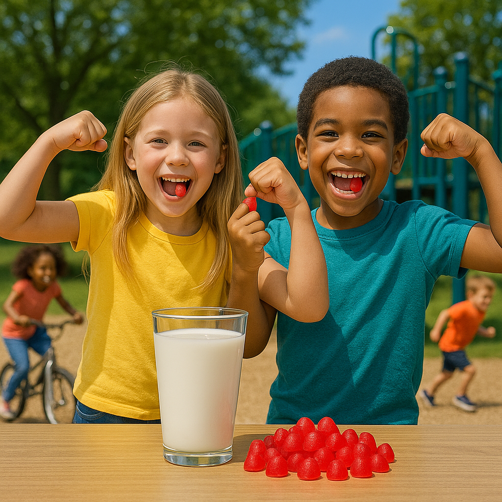 Welcome to Kids Protein Gummies! 1 Kids Protein Gummies. A boy and girl with milk and kids protein gummies.